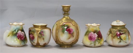 Five Royal Worcester small vases painted with roses, various, H 8cm to 15cm